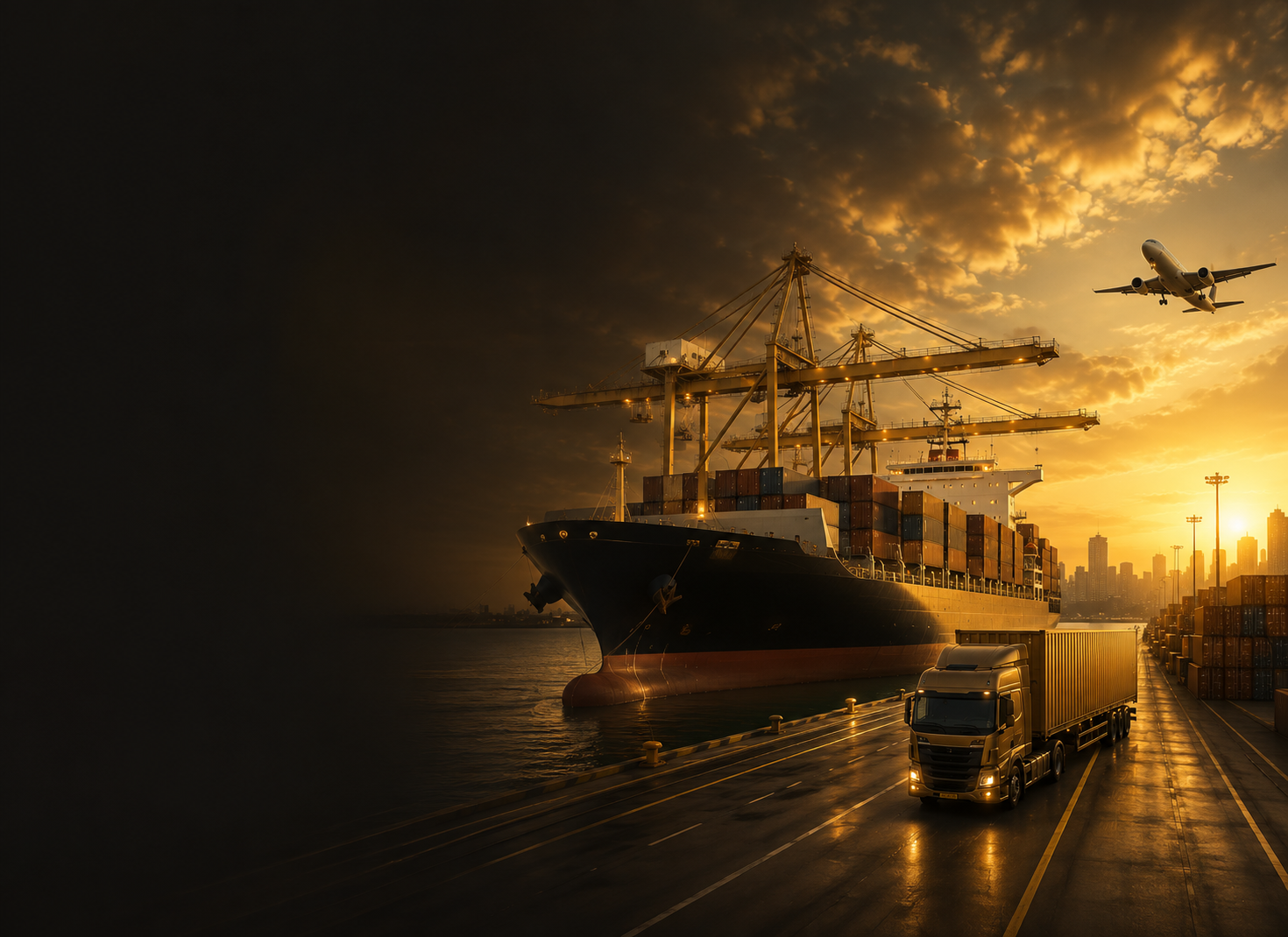 Container vessel, cargo aircraft and truck representing international freight and logistics services